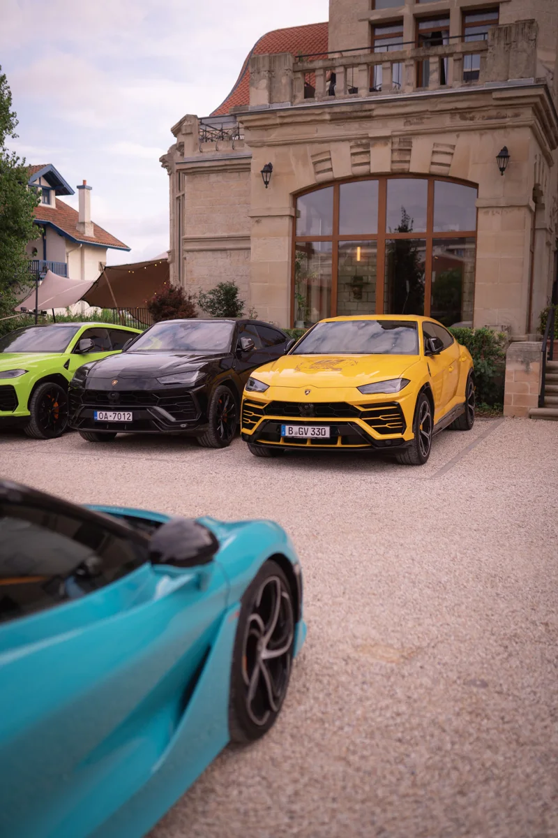 Supercars parked at the hotel